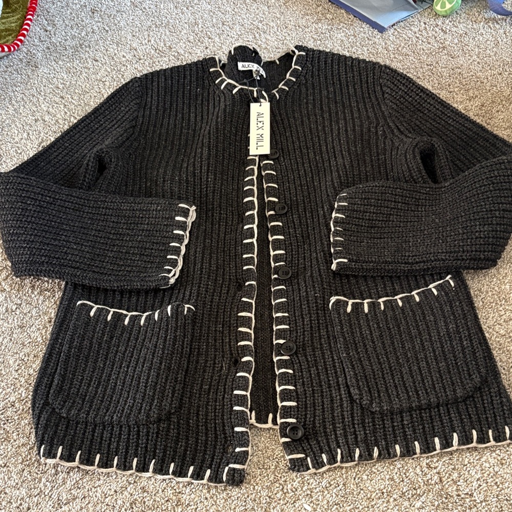 Alex Mill Charcoal Knit Cardigan with Cream Accents